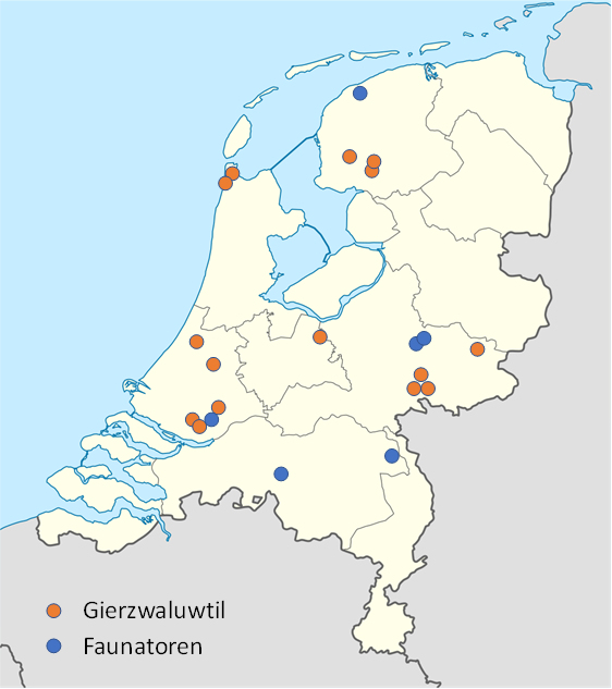 Kaartje van Nederland met gierzwaluwtillen en faunatorens